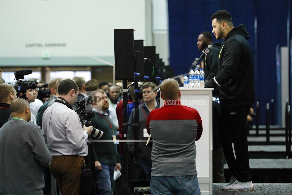Charlie Neibergall Ohio State offensive lineman Jonah Jackson speaks during a press conference at the NFL football scouting combine in Indianapolis, Wednesday, Feb. 26, 2020. (AP Photo/Charlie Neibergall)