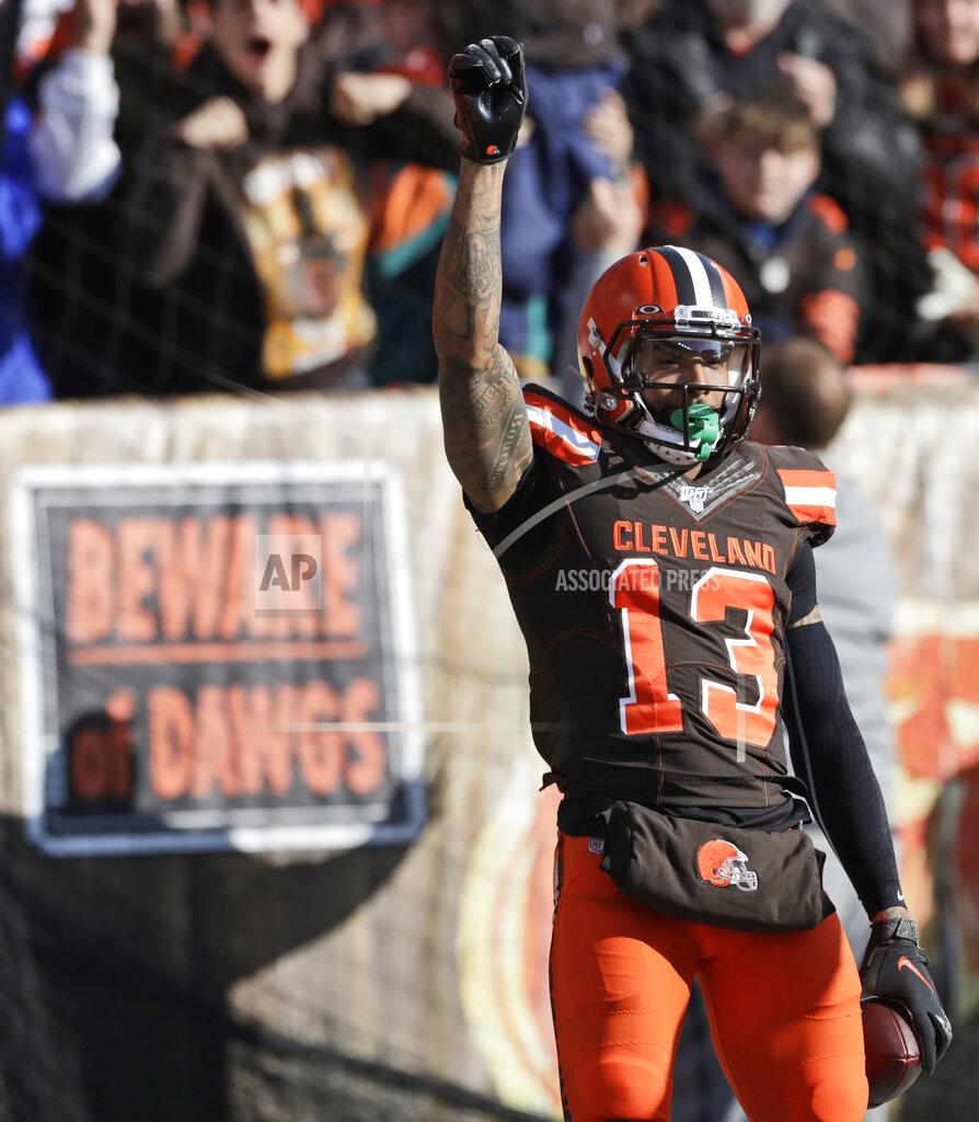 Ron Schwane Cleveland Browns wide receiver Odell Beckham Jr. (13) celebrates after a touchdown during the first half of an NFL football game against the Miami Dolphins, Sunday, Nov. 24, 2019, in Cleveland. (AP Photo/Ron Schwane)