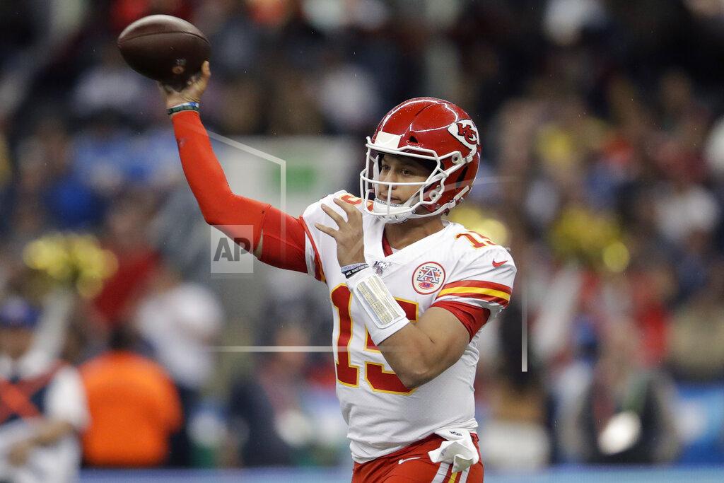 Marcio Jose Sanchez Kansas City Chiefs quarterback Patrick Mahomes throws a pass during the first half of an NFL football game against the Los Angeles Chargers, Monday, Nov. 18, 2019, in Mexico City. (AP Photo/Marcio Jose Sanchez)
