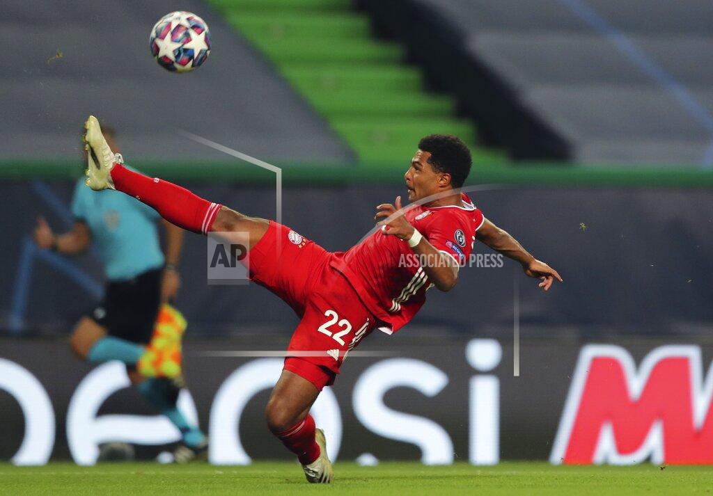 Miguel A. Lopes Bayern's Serge Gnabry tries to control the ball during the Champions League semifinal soccer match between Lyon and Bayern Munich at the Jose Alvalade stadium in Lisbon, Portugal, Wednesday, Aug. 19, 2020. (Miguel A. Lopes/Pool via AP)