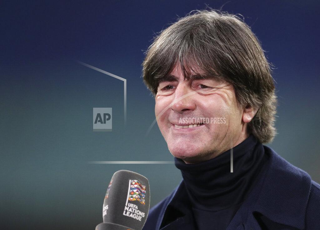 Michael Sohn German manager Joachim Low is interviewed ahead of the UEFA Nations League soccer match between Germany and the Ukraine at the Red Bull Arena in Leipzig, Germany, Saturday, Nov. 14, 2020. (AP Photo/Michael Sohn)