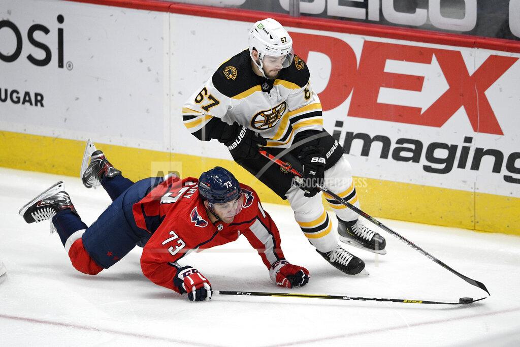 Nick Wass Washington Capitals left wing Conor Sheary (73) and Boston Bruins defenseman Jakub Zboril (67) battle for the puck during the second period of an NHL hockey game, Monday, Feb. 1, 2021, in Washington. (AP Photo/Nick Wass)