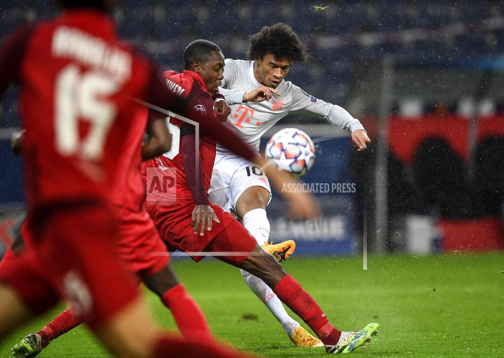 Andreas Schaad Bayern's Leroy Sane scores his side's 4th goal during the Champions League group A soccer match between RB Salzburg and Bayern Munich in Salzburg, Austria, Tuesday, Nov. 3, 2020. (AP Photo/Andreas Schaad)