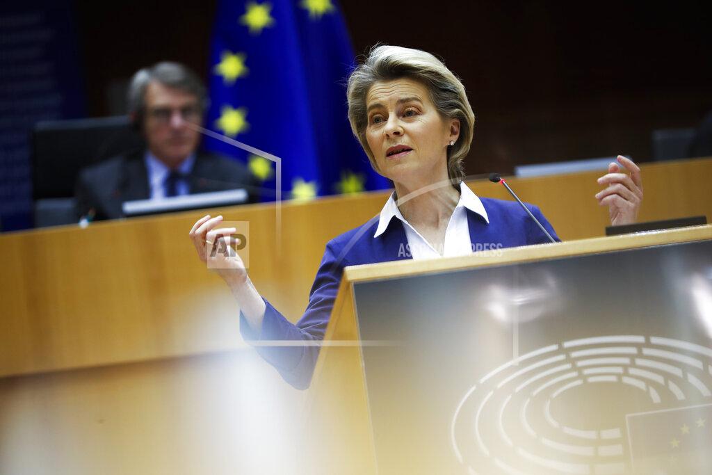 Francisco Seco European Commission President Ursula Von Der Leyen addresses European lawmakers during a plenary session on the inauguration of the new President of the United States and the current political situation, at the European Parliament in Brussels, Wednesday, Jan. 20, 2021. (AP Photo/Francisco Seco, Pool)