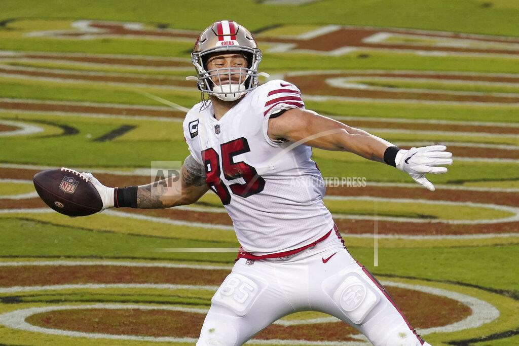 Tony Avelar San Francisco 49ers tight end George Kittle (85) celebrates after scoring against the Los Angeles Rams during the first half of an NFL football game in Santa Clara, Calif., Sunday, Oct. 18, 2020. (AP Photo/Tony Avelar)