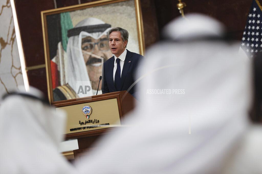 Jonathan Ernst U.S. Secretary of State Antony Blinken participates in a news conference with Kuwaiti Foreign Minister Sheikh Ahmad Nasser Al-Mohammad Al-Sabah at the Ministry of Foreign Affairs in Kuwait City, Kuwait, Thursday, July 29, 2021. (Jonathan Ernst/Pool via AP)