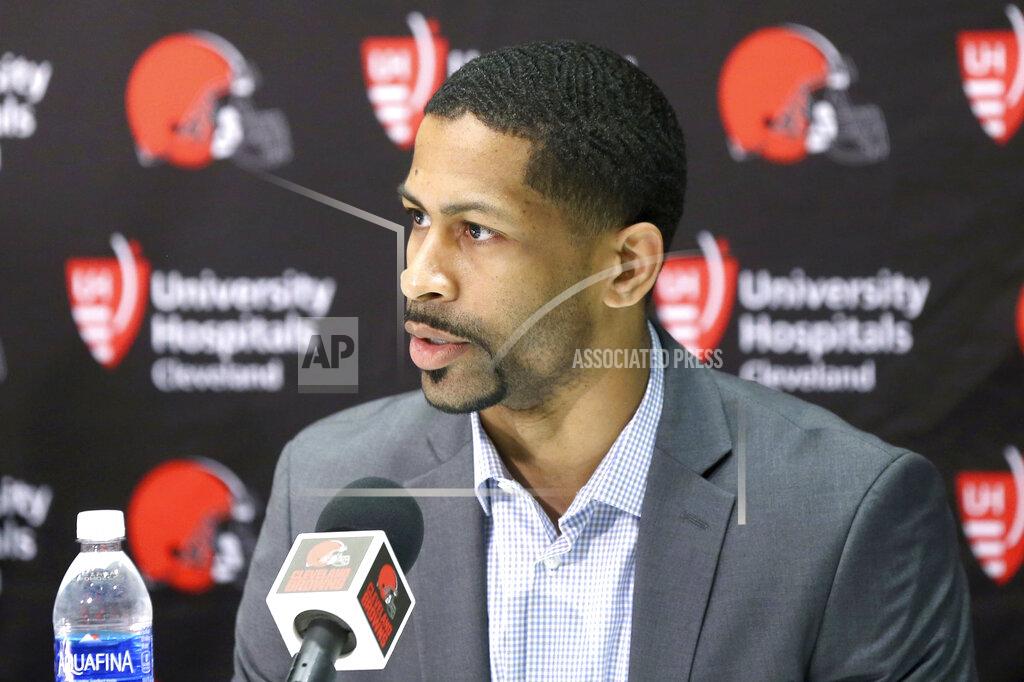 FILE - In this April 29, 2017, file photo, Cleveland Browns Vice President of Player Personnel Andrew Berry talks to reporters in Berea, Ohio. The Browns announced Tuesday, Jan. 28, 2020, the hiring of new general manager Andrew Berry, who returned to Cleveland after spending one season in Philadelphia as the Eagles vice president of football operations. Alonzo Highsmith, the Browns vice president of player personnel, was fired the day after the Browns hired Berry. (Joshua Gunter/The Plain Dealer via AP, File)