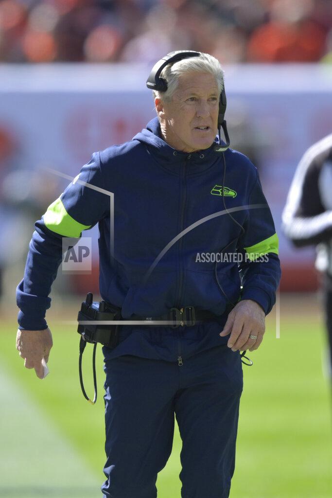 David Richard Seattle Seahawks head coach Pete Carroll watches the first half of an NFL football game against the Cleveland Browns, Sunday, Oct. 13, 2019, in Cleveland. (AP Photo/David Richard)