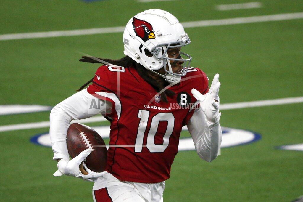 Michael Ainsworth Arizona Cardinals wide receiver DeAndre Hopkins (10) gains yardage after catching a pass in the second half of an NFL football game against the Dallas Cowboys in Arlington, Texas, Monday, Oct. 19, 2020. (AP Photo/Michael Ainsworth)