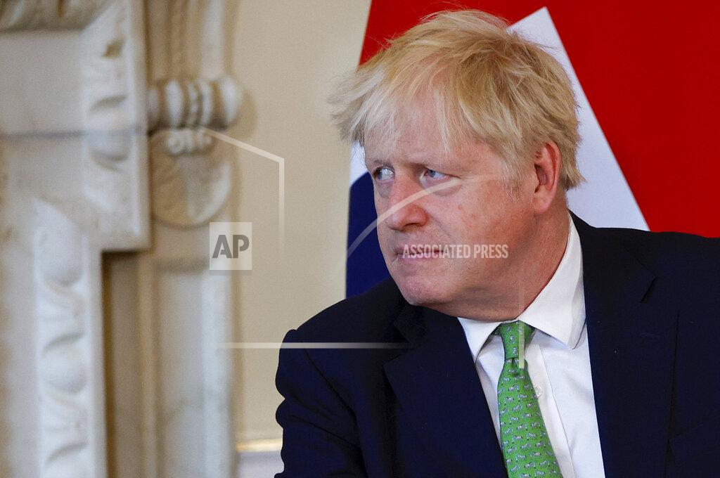John Sibley British Prime Minister Boris Johnson attends a meeting with New Zealand Prime Minister Jacinda Ardern at Downing Street, in London, Friday July 1, 2022. (John Sibley/Pool Photo via AP)