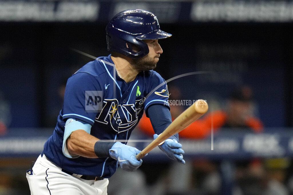 Chris O'MEara Tampa Bay Rays' Kevin Kiermaier follows through on an RBI single off Detroit Tigers starting pitcher Beau Brieske during the fourth inning of a baseball game Tuesday, May 17, 2022, in St. Petersburg, Fla. Rays' Randy Arozarena scored on the hit. (AP Photo/Chris O'Meara)