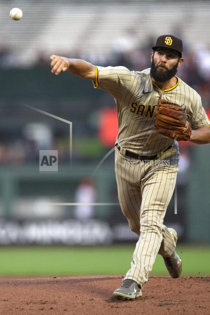 D. Ross Cameron San Diego Padres starting pitcher Jake Arrieta throws to a San Francisco Giants batter during the first inning of a baseball game Tuesday, Sept. 14, 2021, in San Francisco. (AP Photo/D. Ross Cameron)