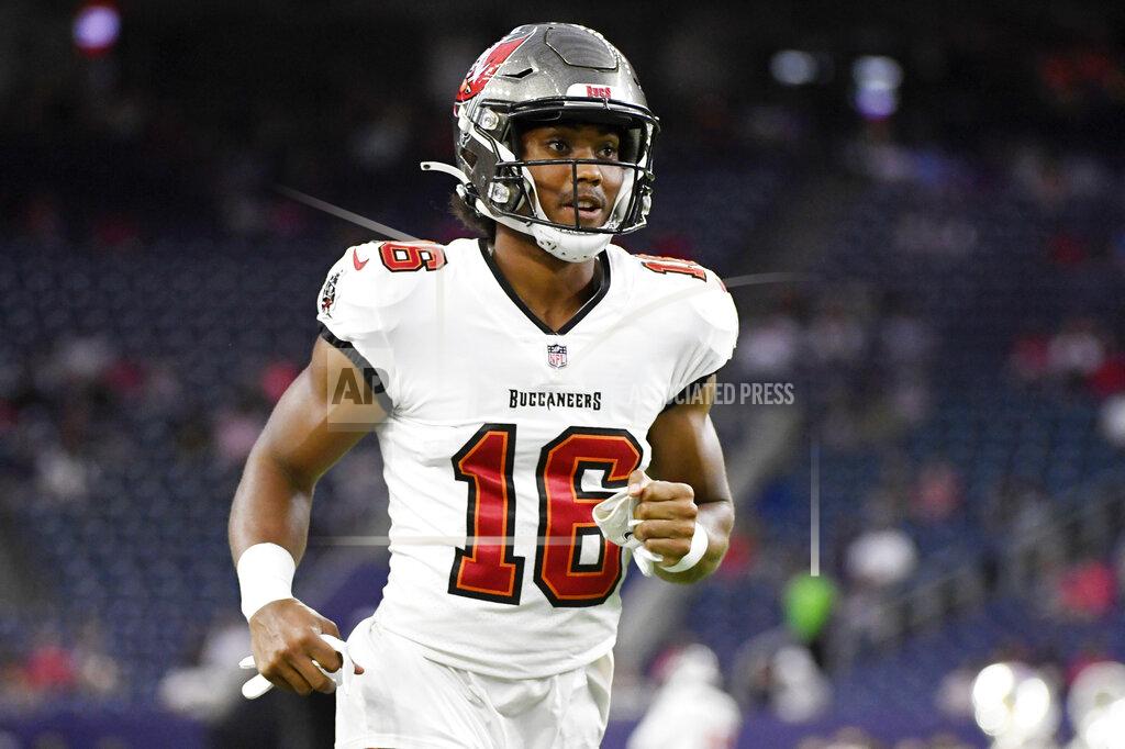 Justin Rex Tampa Bay Buccaneers wide receiver Travis Jonsen (16) enters the field before the first half of an NFL preseason football game against the Houston Texans Saturday, Aug. 28, 2021, in Houston. Jonsen was arrested early Monday, May 30, 2022, after police officers spotted his vehicle weaving in and out of lane markers, police said. Jonsen, 25, appeared to be impaired and refused to provide Tampa police with a breath sample, officials said in a news release. (AP Photo/Justin Rex)