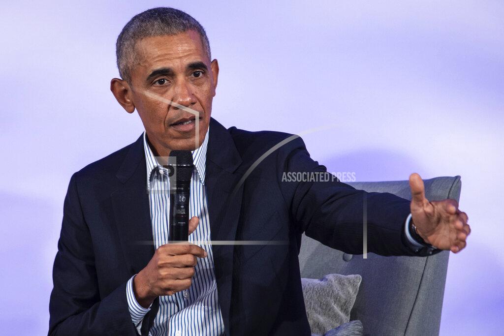 FILE - In this Oct. 29, 2019, file photo, former President Barack Obama speaks during the Obama Foundation Summit at the Illinois Institute of Technology in Chicago. Obama reiterated a warning about the adoption of “purity tests” in the Democratic presidential primary, which he said are likely to alienate voters needed to defeat President Donald Trump next year. (Ashlee Rezin Garcia/Chicago Sun-Times via AP)