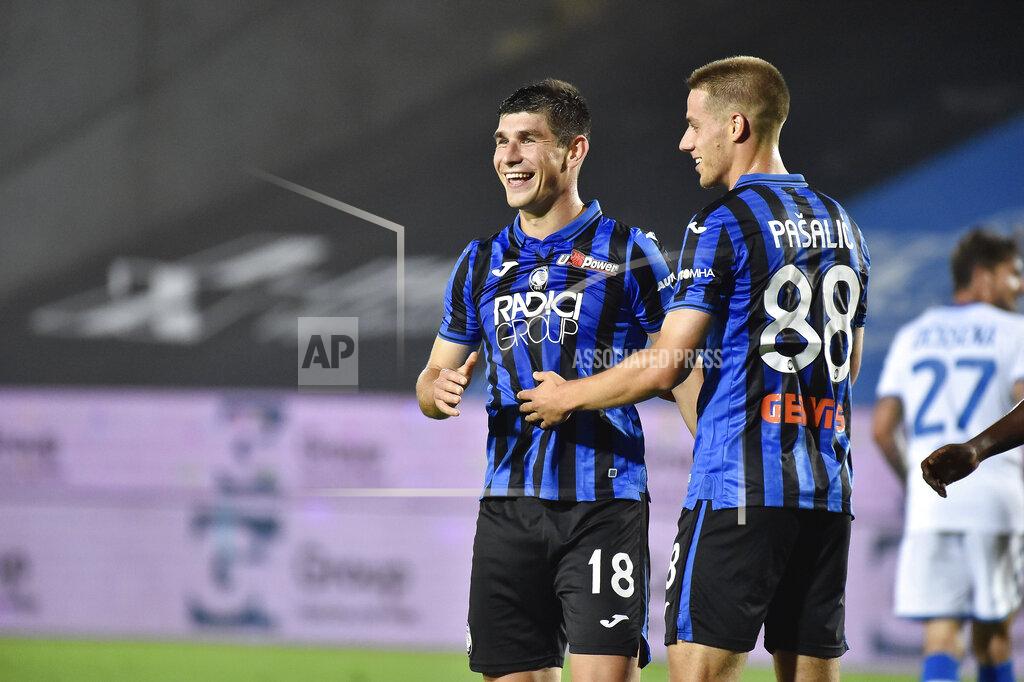Gianluca Checchi Atalanta's Ruslan Malinovskyi celebrates after scoring a goal during a Serie A soccer match between Atalanta and Brescia, at the Gewiss Stadium in Bergamo, Italy, Tuesday, July 14, 2020. (Gianluca Checchi/LaPresse via AP)