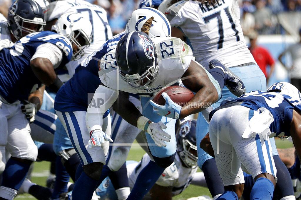 James Kenney Tennessee Titans running back Derrick Henry (22) dives into the end zone for a touchdown against the Indianapolis Colts in the second half of an NFL football game Sunday, Sept. 15, 2019, in Nashville, Tenn. (AP Photo/James Kenney)