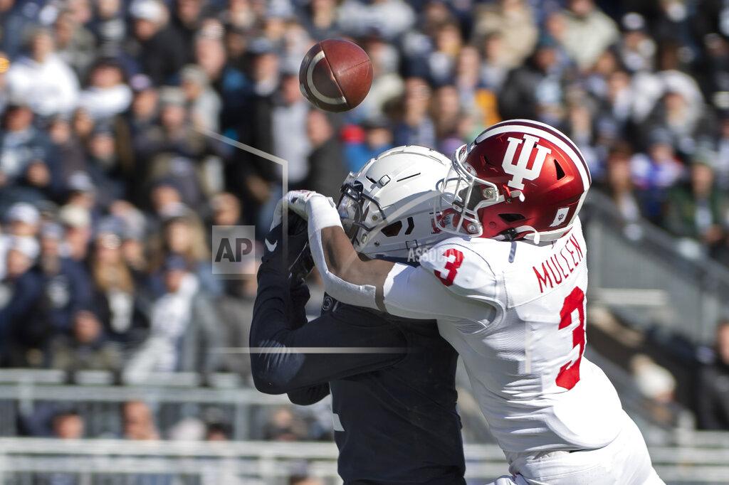 Barry Reeger Indiana defensive back Tiawan Mullen (3) breaks up a pass intended for Penn State wide receiver KJ Hamler (1) in the first quarter of an NCAA college football game in State College, Pa., on Saturday, Nov.16, 2019. (AP Photo/Barry Reeger)