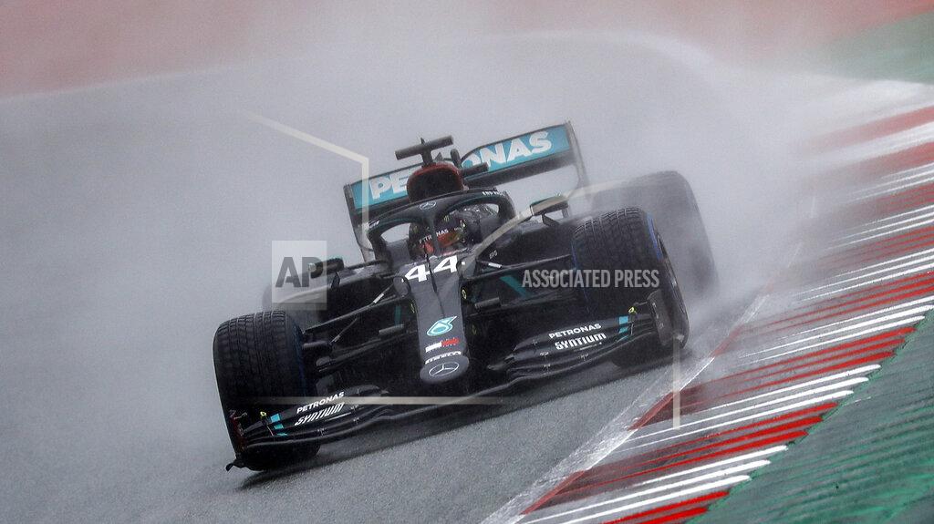 Leonhard Foeger Mercedes driver Lewis Hamilton of Britain steers his car during the qualifying for the Styrian Formula One Grand Prix at the Red Bull Ring racetrack in Spielberg, Austria, Saturday, July 11, 2020. The Styrian F1 Grand Prix will be held on Sunday. (Leonhard Foeger/Pool via AP)