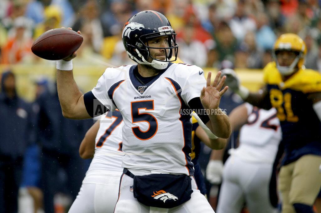 Mike Roemer Denver Broncos quarterback Joe Flacco throws during the first half of an NFL football game against the Green Bay Packers, Sunday, Sept. 22, 2019, in Green Bay, Wis. (AP Photo/Mike Roemer)