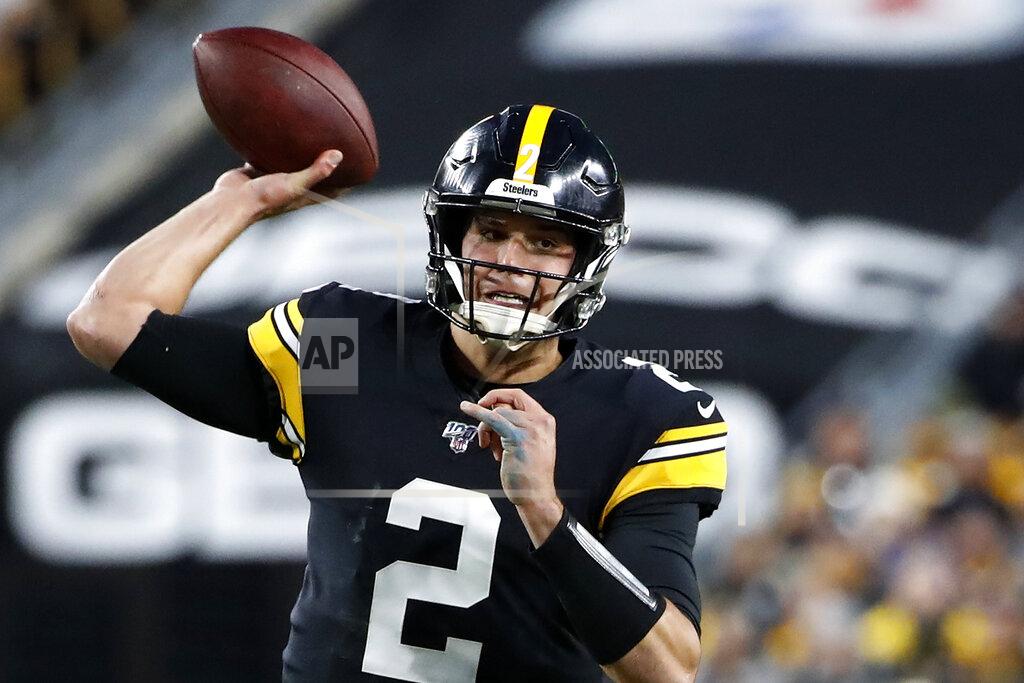 FILE - In this Sunday, Nov. 10, 2019, file photo, Pittsburgh Steelers quarterback Mason Rudolph throws a pass during the first half of an NFL football game against the Los Angeles Rams, in Pittsburgh. The Pittsburgh Steelers play at the Cleveland Browns on Thursday, Nov. 14. (AP Photo/Don Wright, File)