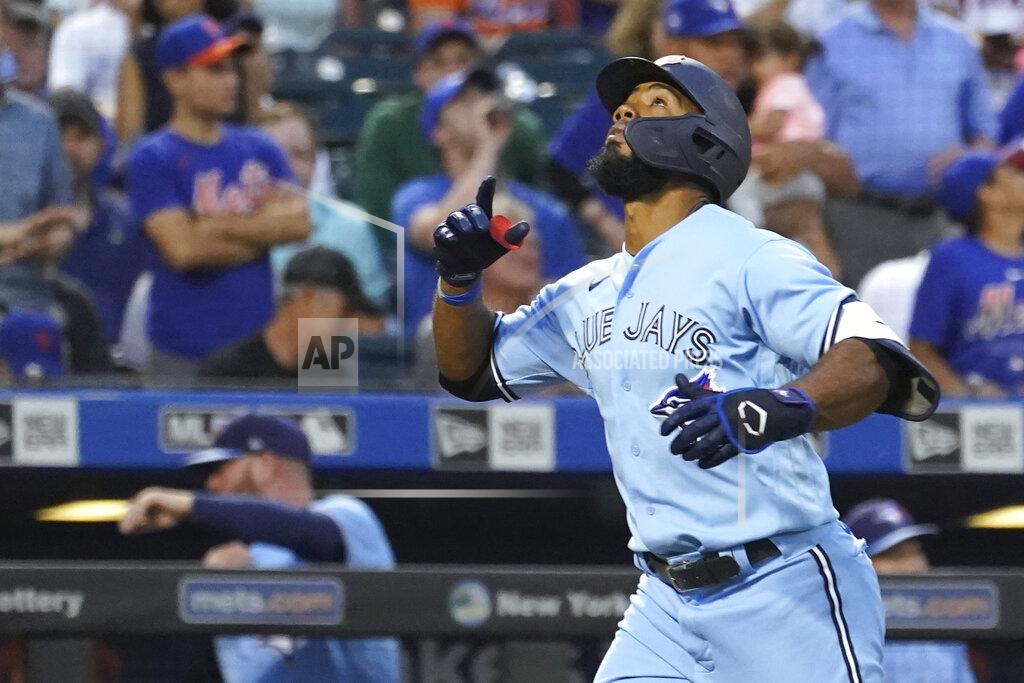 Mary Altaffer Toronto Blue Jays' Teoscar Hernandez gestures while running the bases after hitting a two-run home run during the third inning of the team's baseball game against the New York Mets, Saturday, July 24, 2021, in New York. (AP Photo/Mary Altaffer)
