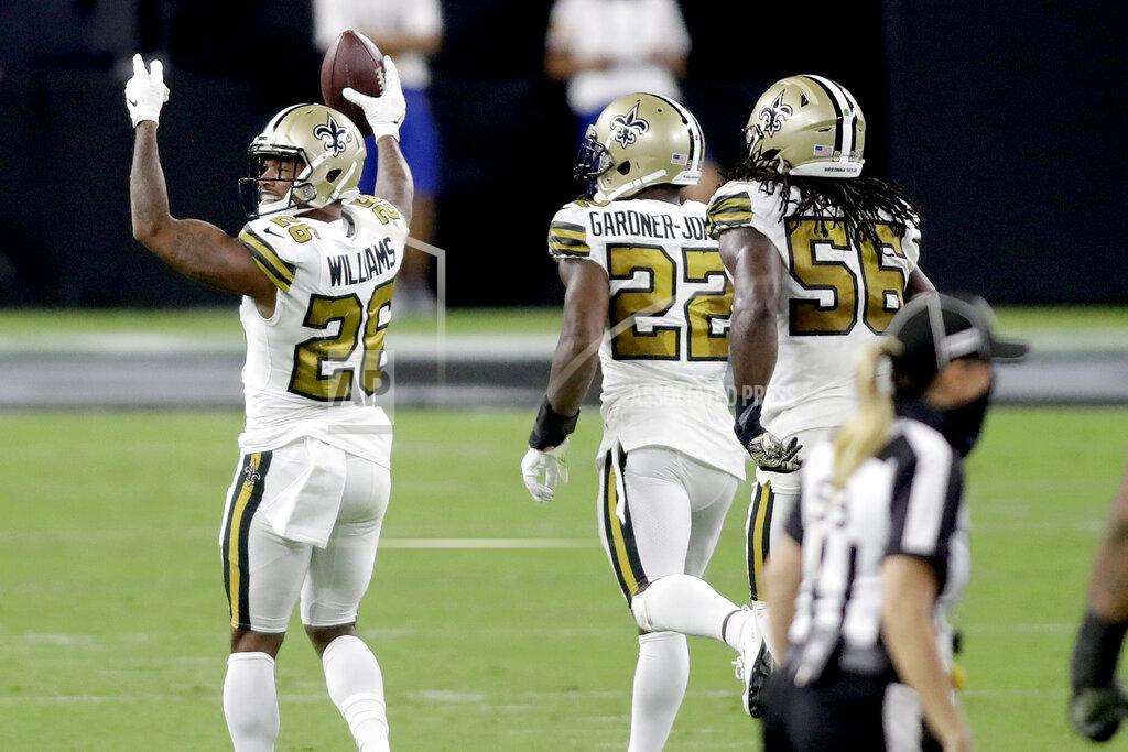 Isaac Brekken New Orleans Saints cornerback P.J. Williams (26) celebrates after recovering a fumble against the Las Vegas Raiders during the second half of an NFL football game, Monday, Sept. 21, 2020, in Las Vegas. (AP Photo/Isaac Brekken)