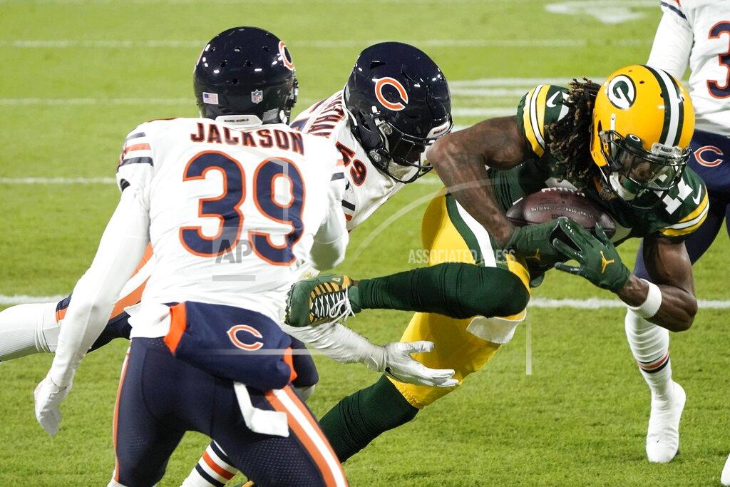 Morry Gash Green Bay Packers' Davante Adams catches a touchdown pass during the first half of an NFL football game against the Chicago Bears Sunday, Nov. 29, 2020, in Green Bay, Wis. (AP Photo/Morry Gash)