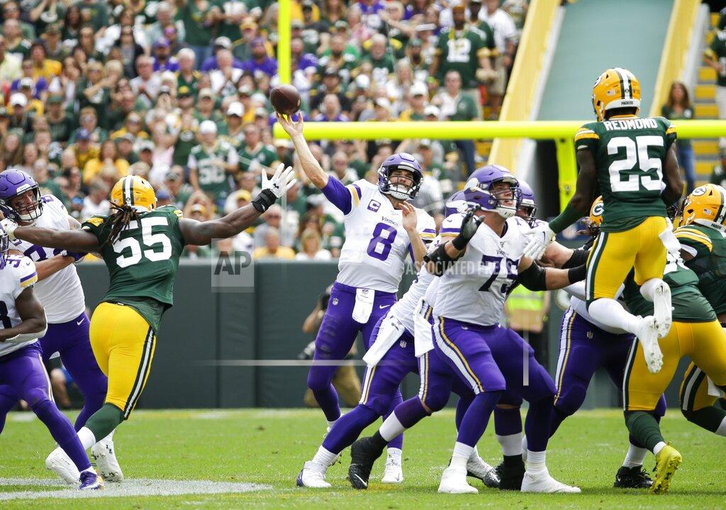 Mike Roemer Minnesota Vikings' Kirk Cousins throws during the second half of an NFL football game against the Green Bay Packers Sunday, Sept. 15, 2019, in Green Bay, Wis. (AP Photo/Mike Roemer)
