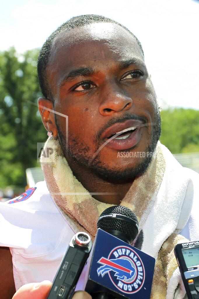 FILE - In this Aug. 1, 2015 file photo, Buffalo Bills wide receiver Percy Harvin speaks to the media during an NFL football training camp in Pittsford, N.Y. Harvin is planning an NFL comeback nearly four years after his last game.
The former Florida star and first-round draft pick by Minnesota in 2009 expects to get invited to a training camp this season and show his 32-year-old body still has what it takes to be an elite playmaker. “It's destiny,” Harvin told The Associated Press on Wednesday, April 22, 2020. (AP Photo/Bill Wippert, File)