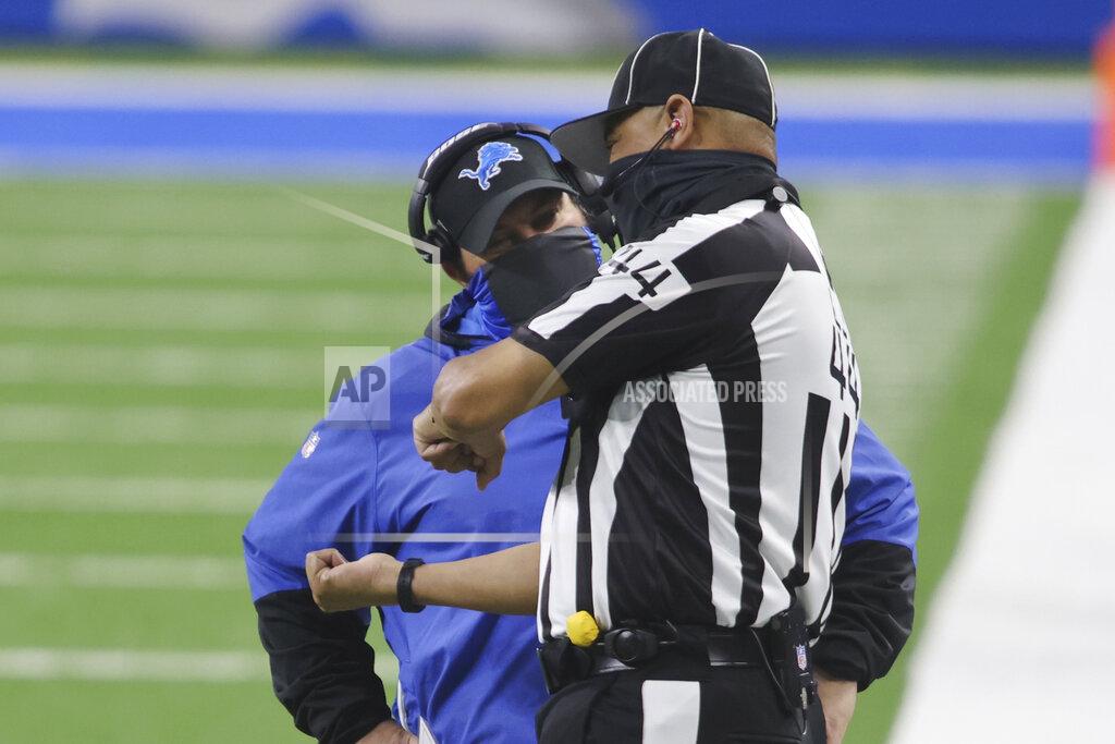 Tony Ding Detroit Lions head coach Matt Patricia talks with umpire Jeff Rice (44) during the first half of an NFL football game against the Indianapolis Colts, Sunday, Nov. 1, 2020, in Detroit. (AP Photo/Tony Ding)