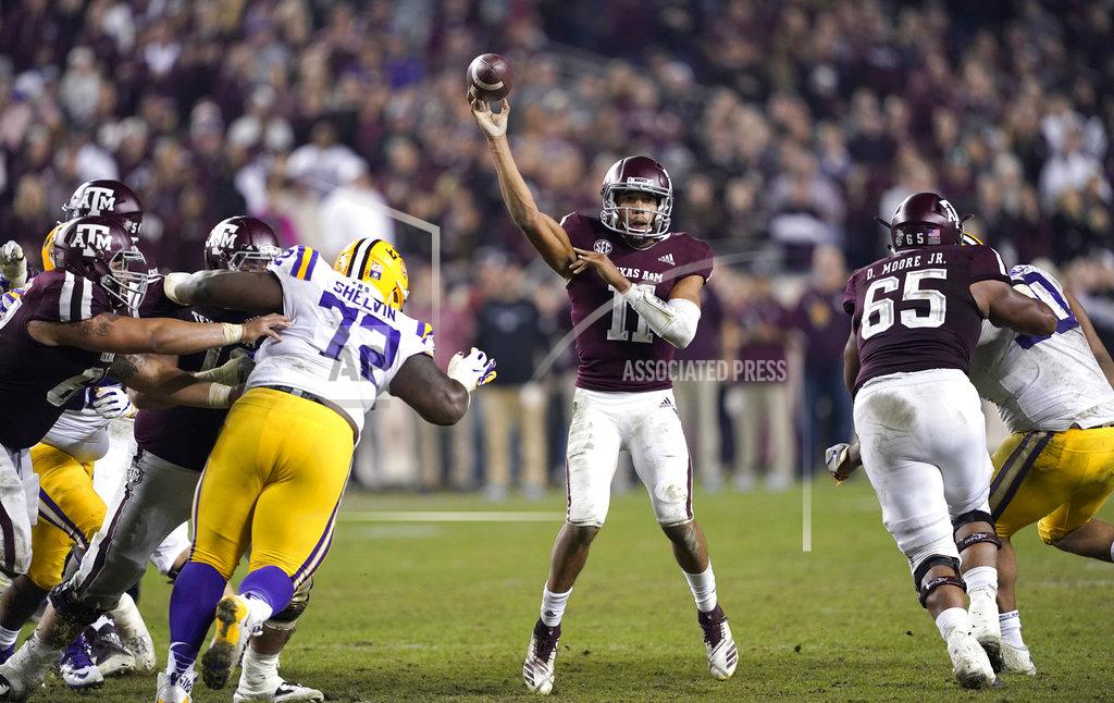 David J. Phillip Texas A&M quarterback Kellen Mond (11) throws a pass against LSU during overtime of an NCAA college football game Saturday, Nov. 24, 2018, in College Station, Texas. Texas A&M won 74-72 in seven overtimes.(AP Photo/David J. Phillip)