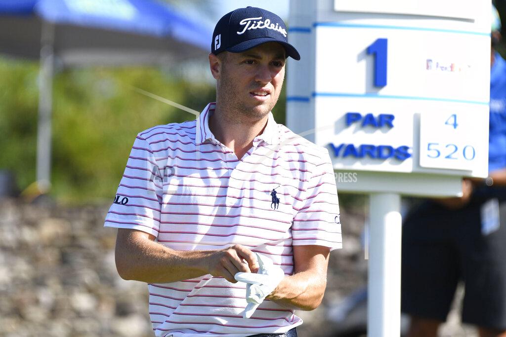 Matthew Thayer Justin Thomas waits to hit from the first tee during the final round of the Tournament of Champions golf event, Sunday, Jan. 10, 2021, at Kapalua Plantation Course in Kapalua, Hawaii. (Matthew Thayer/The Maui News via AP)