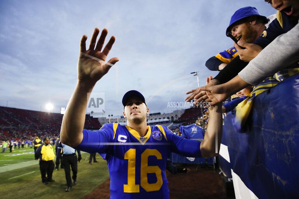 Marcio Jose Sanchez Los Angeles Rams quarterback Jared Goff greets fans after their win against the Arizona Cardinals during second half of an NFL football game Sunday, Dec. 29, 2019, in Los Angeles. (AP Photo/Marcio Jose Sanchez)