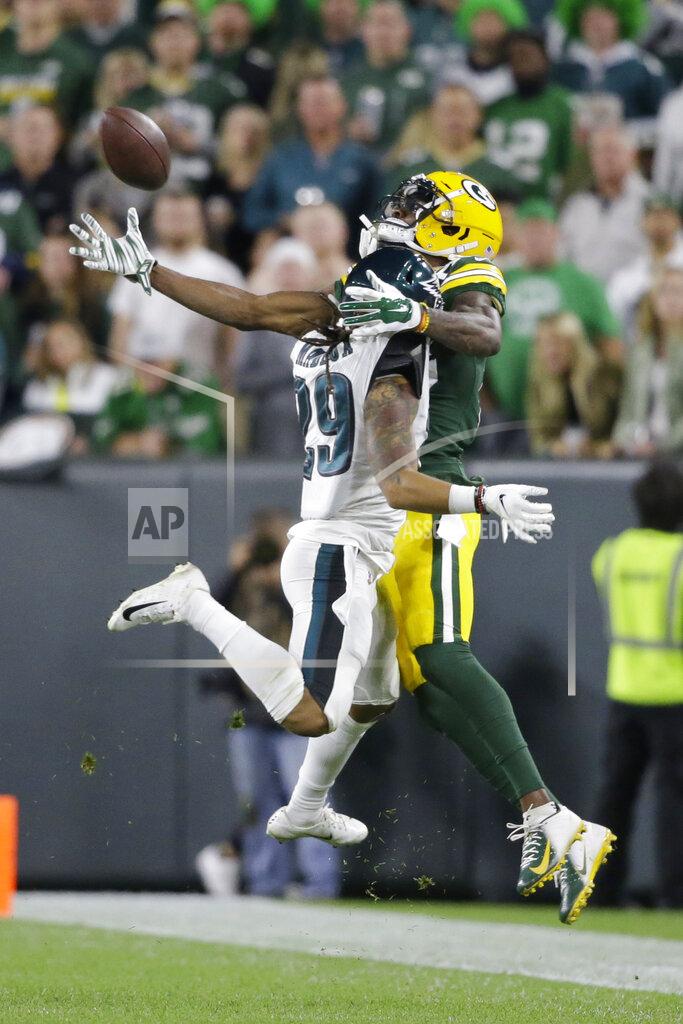 Jeffrey Phelps Philadelphia Eagles cornerback Avonte Maddox breaks up a pass intended for Green Bay Packers wide receiver Marquez Valdes-Scantling during the second half of an NFL football game Thursday, Sept. 26, 2019, in Green Bay, Wis. (AP Photo/Jeffrey Phelps)