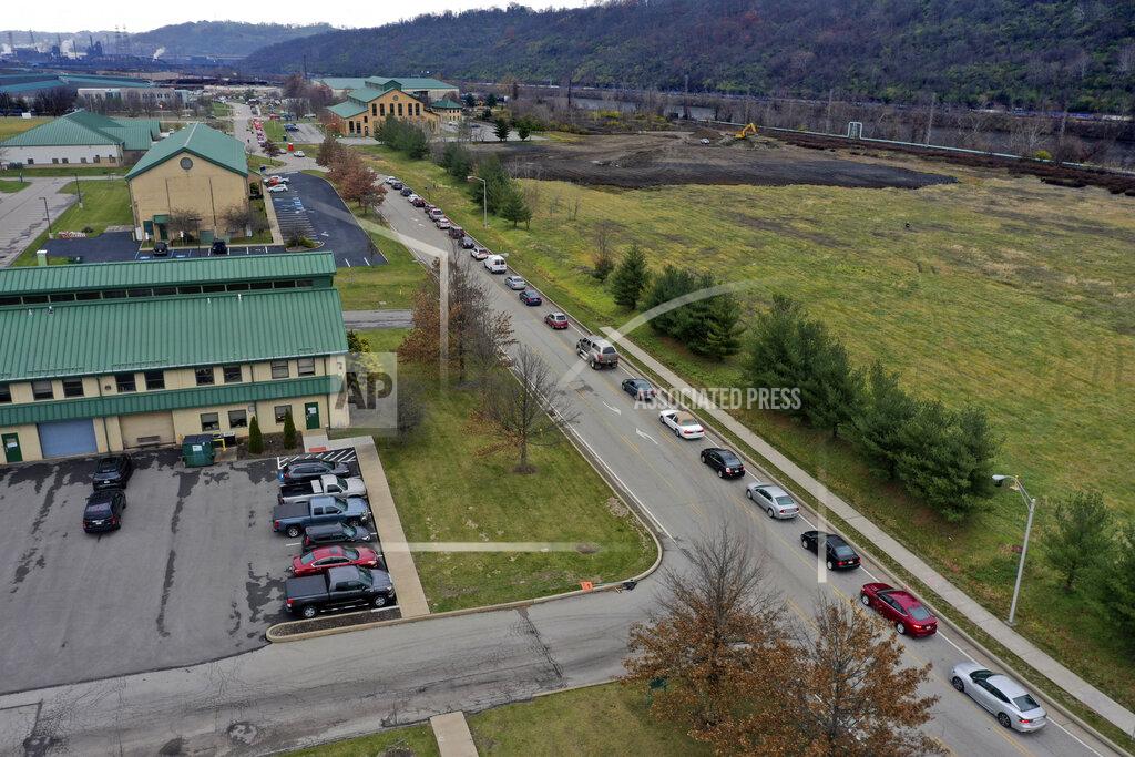 Gene J. Puskar FILE — In this Nov. 23, 2020 fires photo, cars wait in line during a Greater Pittsburgh Community Foodbank drive-up food distribution in Duquesne, Pa. (AP Photo/Gene J. Puskar, File)