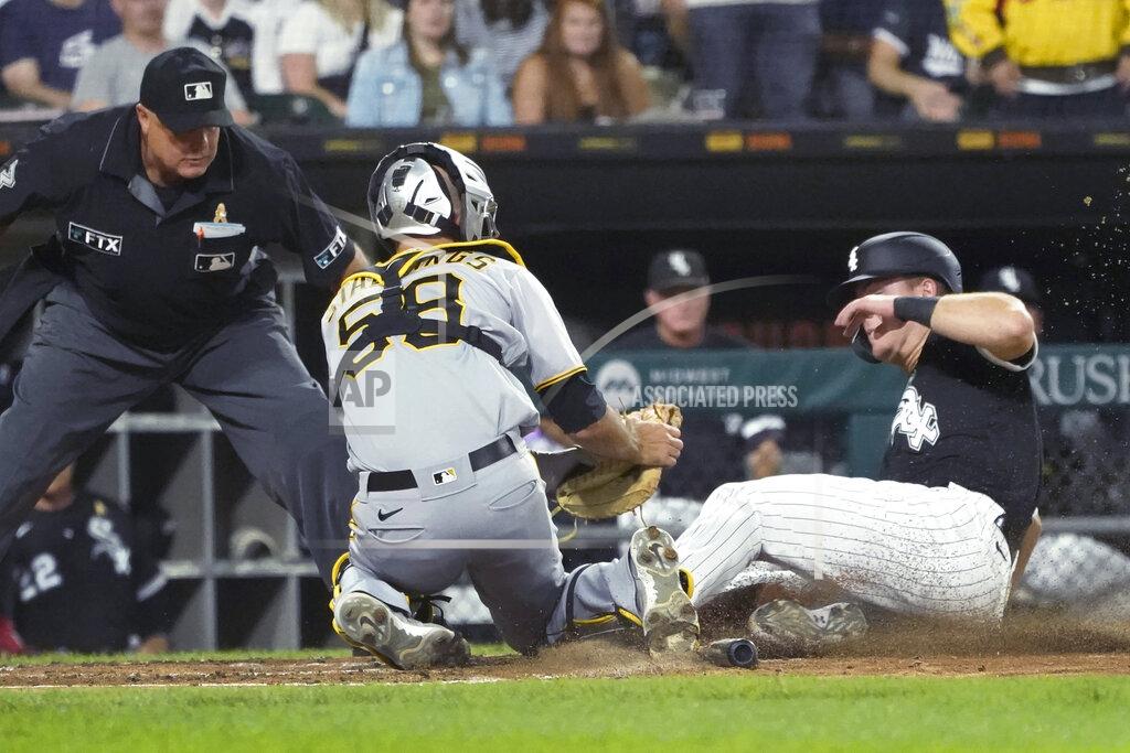 Charles Rex Arbogast Pittsburgh Pirates catcher Jacob Stallings tags out Chicago White Sox's Gavin Sheets at home as umpire Brian O'Nora watches during the third inning of a baseball game Wednesday, Sept. 1, 2021, in Chicago. (AP Photo/Charles Rex Arbogast)