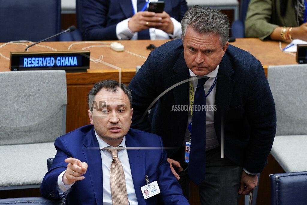 John Minchillo Mykola Solsky, agriculture minister of Ukraine, left, speaks to Sergiy Kyslytsya, permanent representative of Ukraine to the United Nations, right, as U.S. Secretary of State Antony Blinken chairs a ministerial meeting on growing food insecurity around the world, which has been exacerbated by Russia's war on Ukraine, Wednesday, May 18, 2022, at United Nations headquarters. (AP Photo/John Minchillo)