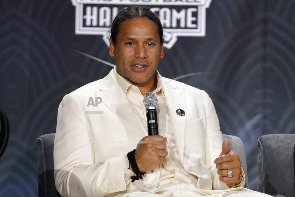 Mark Humphrey Hall of Fame class of 2020 Troy Polamalu speaks at the NFL Honors football award show Saturday, Feb. 1, 2020, in Miami. (AP Photo/Mark Humphrey)
