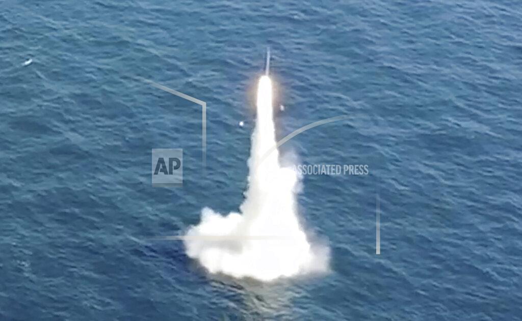 Uncredited In this image taken from video provided by the South Korea Defense Ministry, South Korea's first underwater-launched ballistic missile is test-fired from a 3,000-ton-class submarine at an undisclosed location in the waters of South Korea, Wednesday, Sept. 15, 2021. The rival Koreas test-launched ballistic missiles hours apart from each other on Wednesday in a display of military assets that came amid a faltering diplomatic push to strip North Korea of its nuclear program. South Korea's presidential office said it conducted its first underwater-launched ballistic missile test on Wednesday afternoon. It said a domestically built missile fired from a 3,000-ton-class submarine flew a previously set distance before hitting a designated target. (South Korea Defense Ministry via AP)