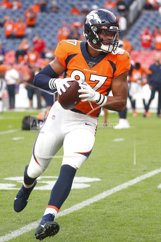 Margaret Bowles Denver Broncos tight end Noah Fant (87) catches a pass during warm-ups prior to an NFL game against the Kansas City Chiefs, Thursday, Oct. 17, 2019, in Denver. The Chiefs defeated the Broncos 30-6. (Margaret Bowles via AP)
