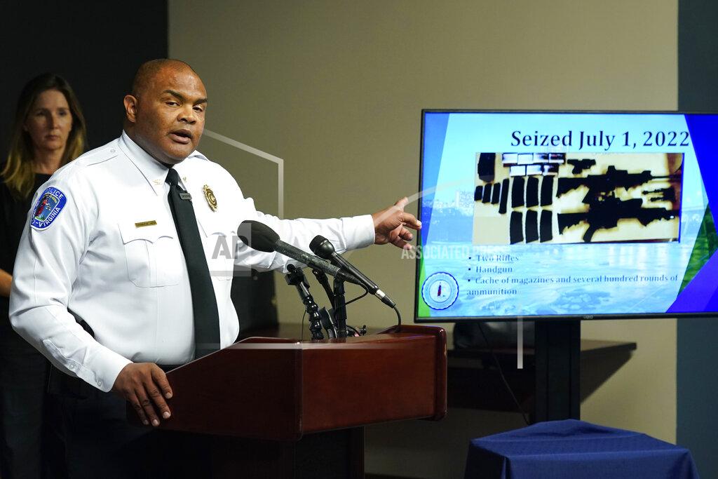 Steve Helber Richmond Police Chief Gerald M Smith gestures during a press conference at Richmond Virginia Police headquarters Wednesday July 6, 2022, in Richmond, Va. Police said Wednesday that they thwarted a planned July 4 mass shooting after receiving a tip that led to arrests and the seizure of multiple guns — an announcement that came just two days after a deadly mass shooting on the holiday in a Chicago suburb. (AP Photo/Steve Helber)