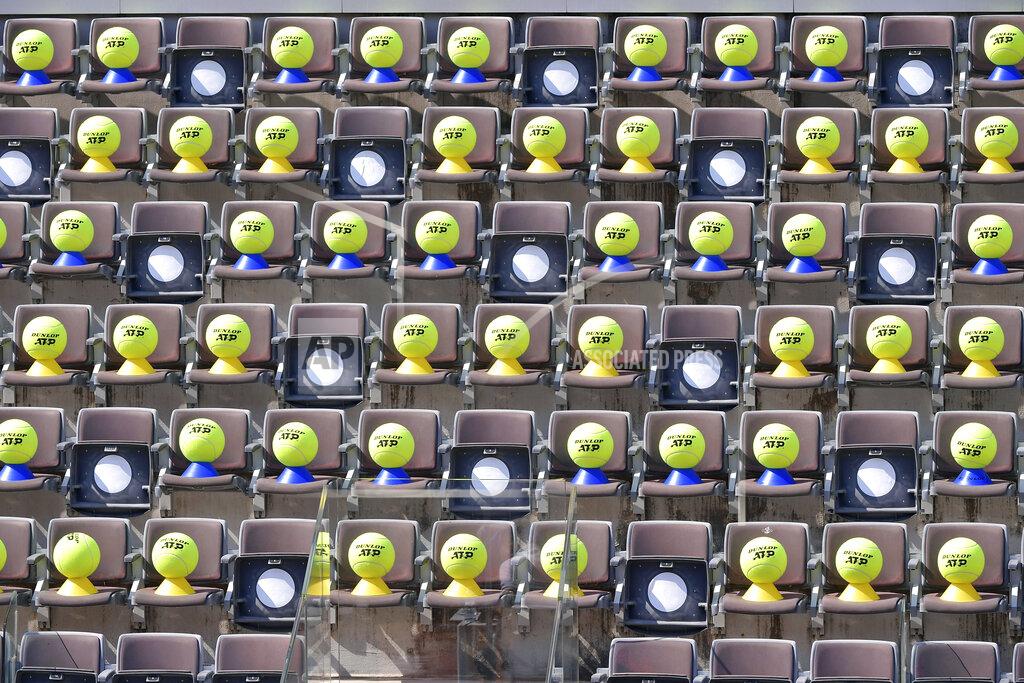 Alfredo Falcone Giant tennis balls are placed on the tribune seats at the Italian Open tennis tournament, in Rome, Friday, Sept. 18, 2020. (Alfredo Falcone/LaPresse via AP)