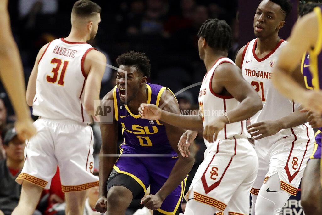 Marcio Jose Sanchez LSU forward Darius Days (0) celebrates after scoring against Southern California during the first half of an NCAA college basketball game Saturday, Dec. 21, 2019, in Los Angeles. (AP Photo/Marcio Jose Sanchez)