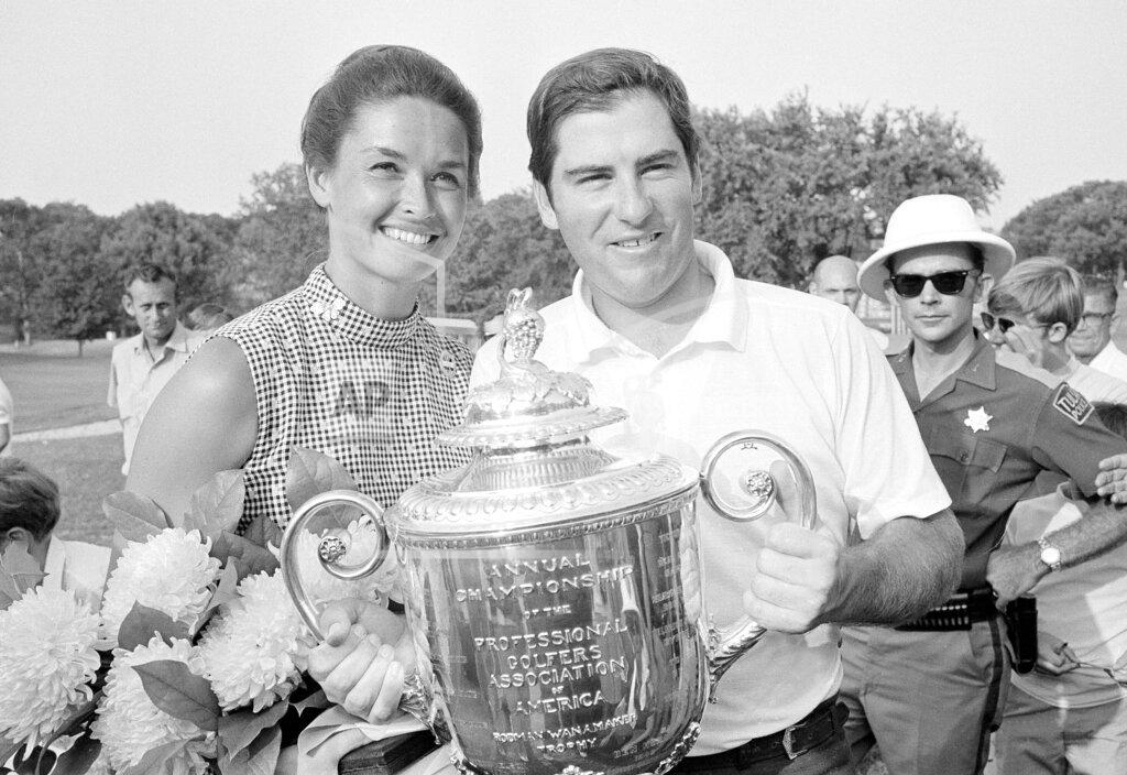 Anonymous FILE - Dave Stockton of Westlake, Calif., and his wife, Cathy, hold the PGA Championship trophy after Stockton won the 72-hole tournament with a 1-under 279 at Southern Hills Country Club in Tulsa, Okla., Aug. 16, 1970. Southern Hills is hosting the PGA this week for a record fifth time. (AP Photo/File)