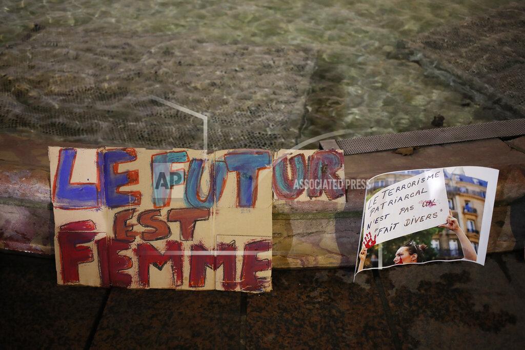 Francois Mori A poster reads "Futur is Women" during a demonstration Wednesday, Nov. 25, 2020 in Paris. With domestic violence on the rise amid the pandemic, activists are holding protests Wednesday from France to Turkey and world dignitaries are trying to find ways to protect millions of women killed or abused every year by their partners. (AP Photo/Francois Mori)