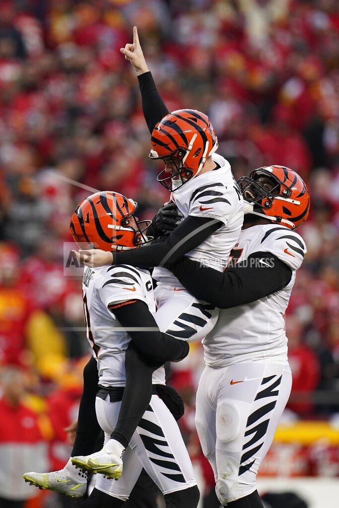 Eric Gay Cincinnati Bengals kicker Evan McPherson (2) celebrates with teammates after kicking a 31-yard field goal during overtime in the AFC championship NFL football game against the Kansas City Chiefs, Sunday, Jan. 30, 2022, in Kansas City, Mo. The Bengals won 27-24. (AP Photo/Eric Gay)