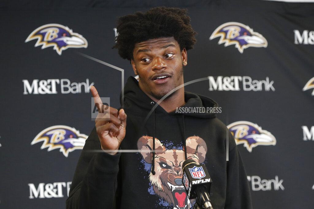 Gene J. Puskar Baltimore Ravens quarterback Lamar Jackson meets with reporters after an overtime win over the Pittsburgh Steelers in an NFL football game in Pittsburgh, Sunday, Oct. 6, 2019. (AP Photo/Gene J. Puskar)