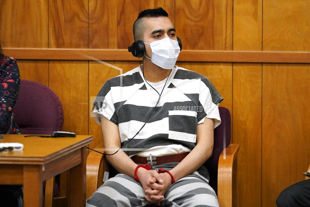 Charlie Neibergall Cristhian Bahena Rivera listens to proceedings during his sentencing, Monday, Aug. 30, 2021, at the Poweshiek County Courthouse in Montezuma, Iowa. Rivera was sentenced to life in prison for the stabbing death of college student Mollie Tibbetts, who was abducted as she was out for a run near her small eastern Iowa hometown in July of 2018. (AP Photo/Charlie Neibergall, pool)