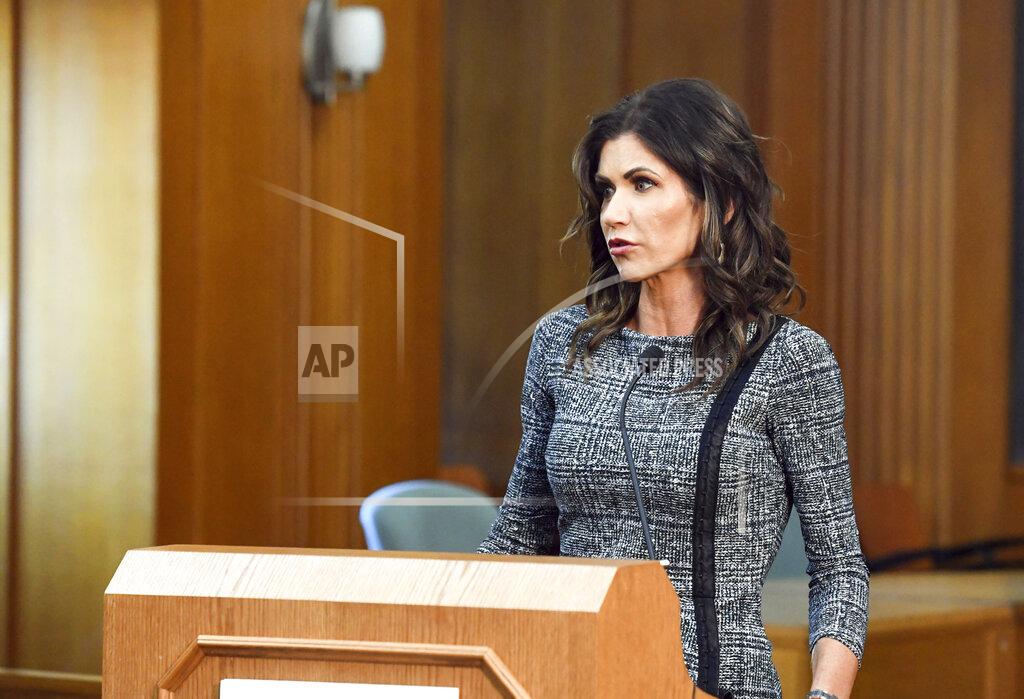 Erin Bormett FILE- In this file photo from Tuesday, Oct. 13, 2020, South Dakota Governor Kristi Noem speaks in Sioux Falls, SD. Noem has insisted that South Dakota is excelling in its handling of the pandemic, even as the state surpassed 9,000 active coronavirus cases and matched an all-time high for deaths reported in one day. (Erin Bormett/The Argus Leader via AP)