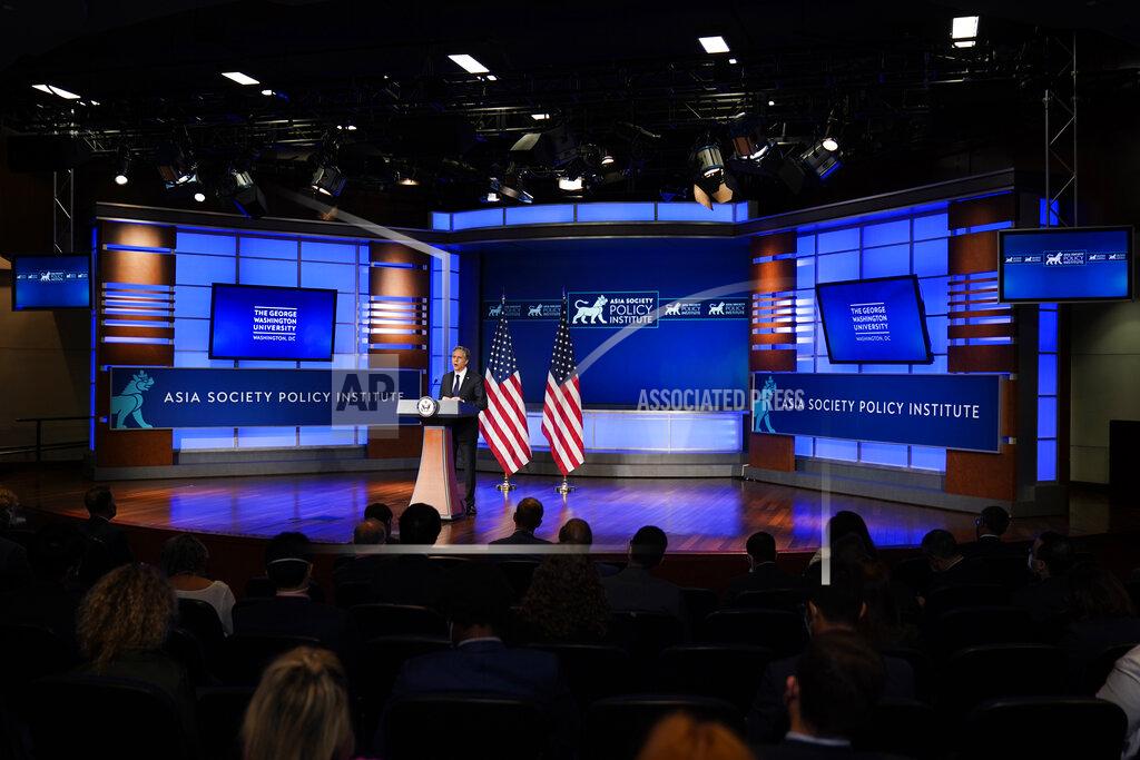 Carolyn Kaster Secretary of State Antony Blinken speaks at George Washington University in Washington, Thursday, May 26, 2022, outlining the administration's policy toward China at an event hosted by the Asia Society. (AP Photo/ Carolyn Kaster)